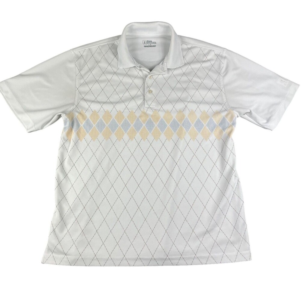 PGA Tour Polo Shirt Men's Large White Short Sleeve Abstract Golf Outdoor Preppy